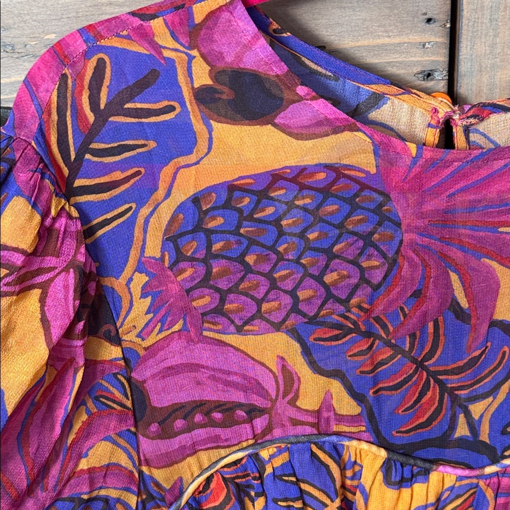EUC FARM Rio fruit dream pleated long sleeve dress sz L - Picture 4 of 10